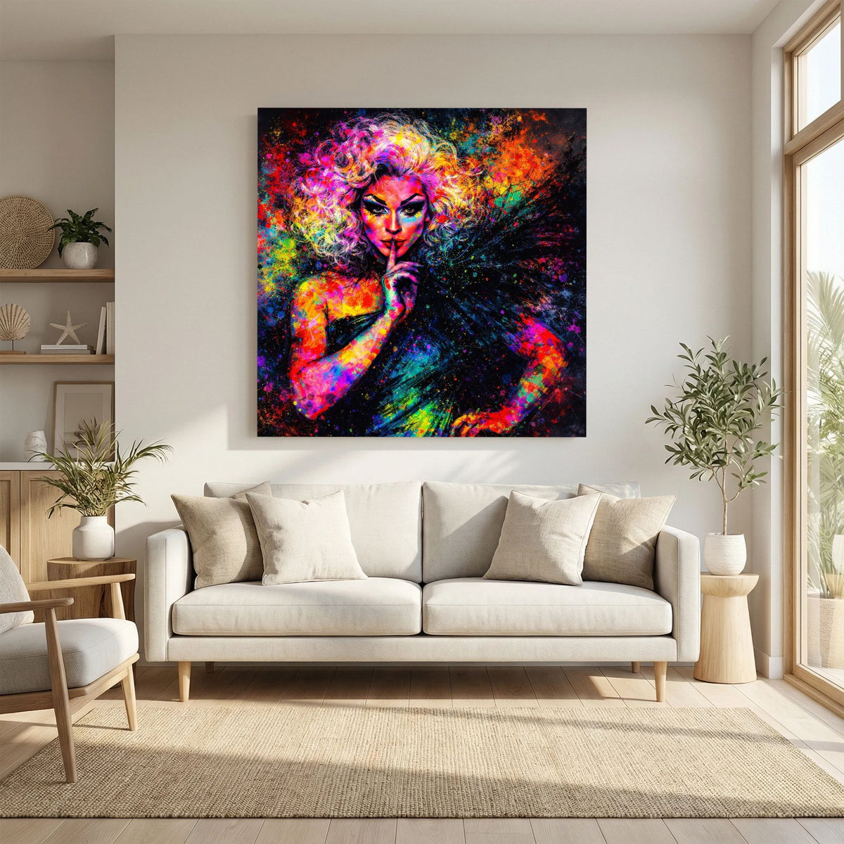 Keilrahmen-Leinwandbild mit Pop-Art-Drag-Queen-Porträt auf Keilrahmen, leuchtende Farbexplosion