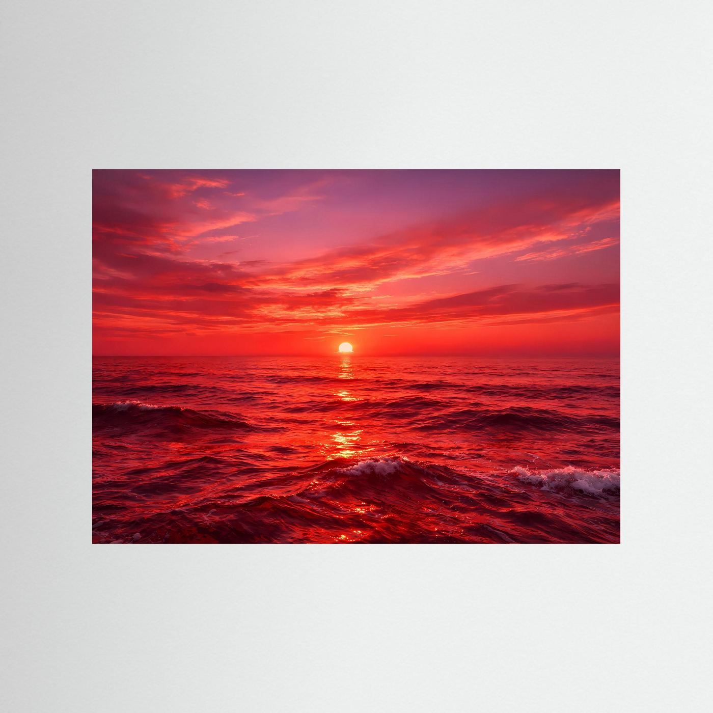 Wandbild mit Sonnenuntergang am Meer: roter Himmel, Sonne spiegelt sich im Wasser