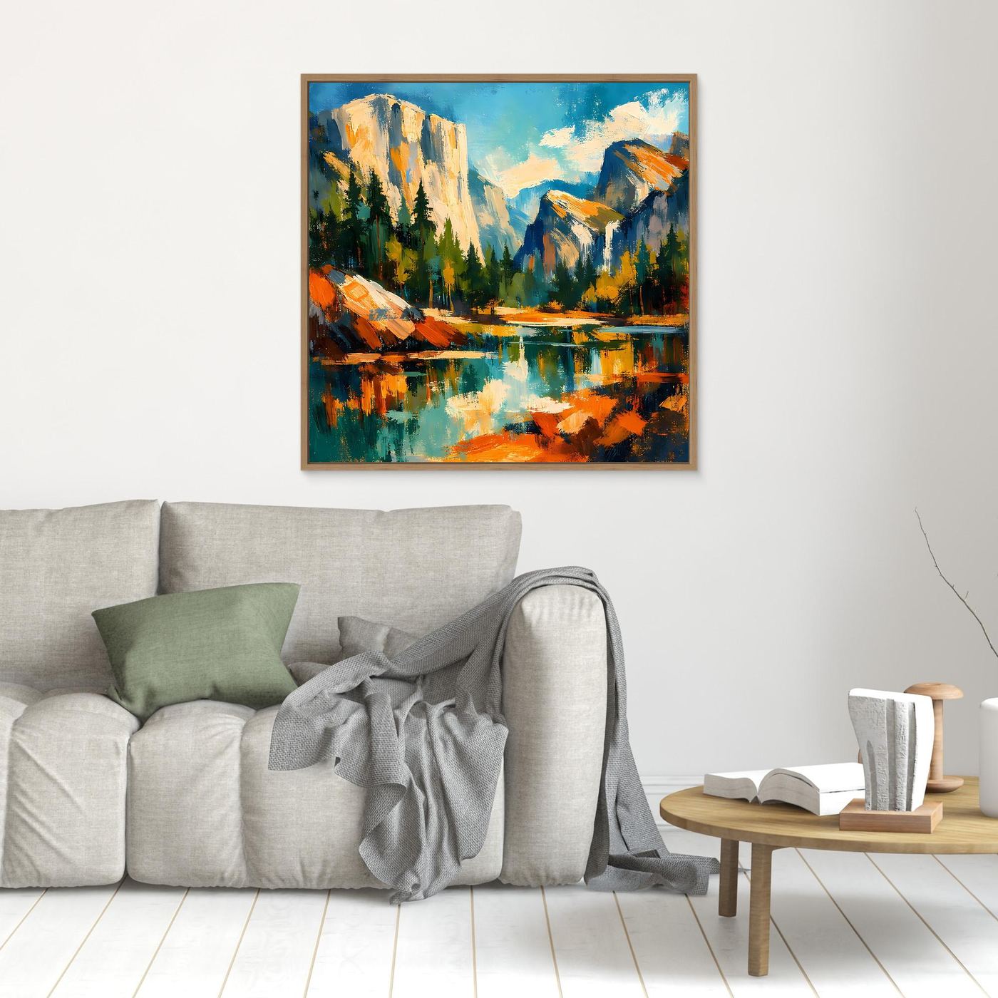 Kleines Wandbild auf Leinwand mit abstrakter Berglandschaft und Fluss, brauner Rahmen