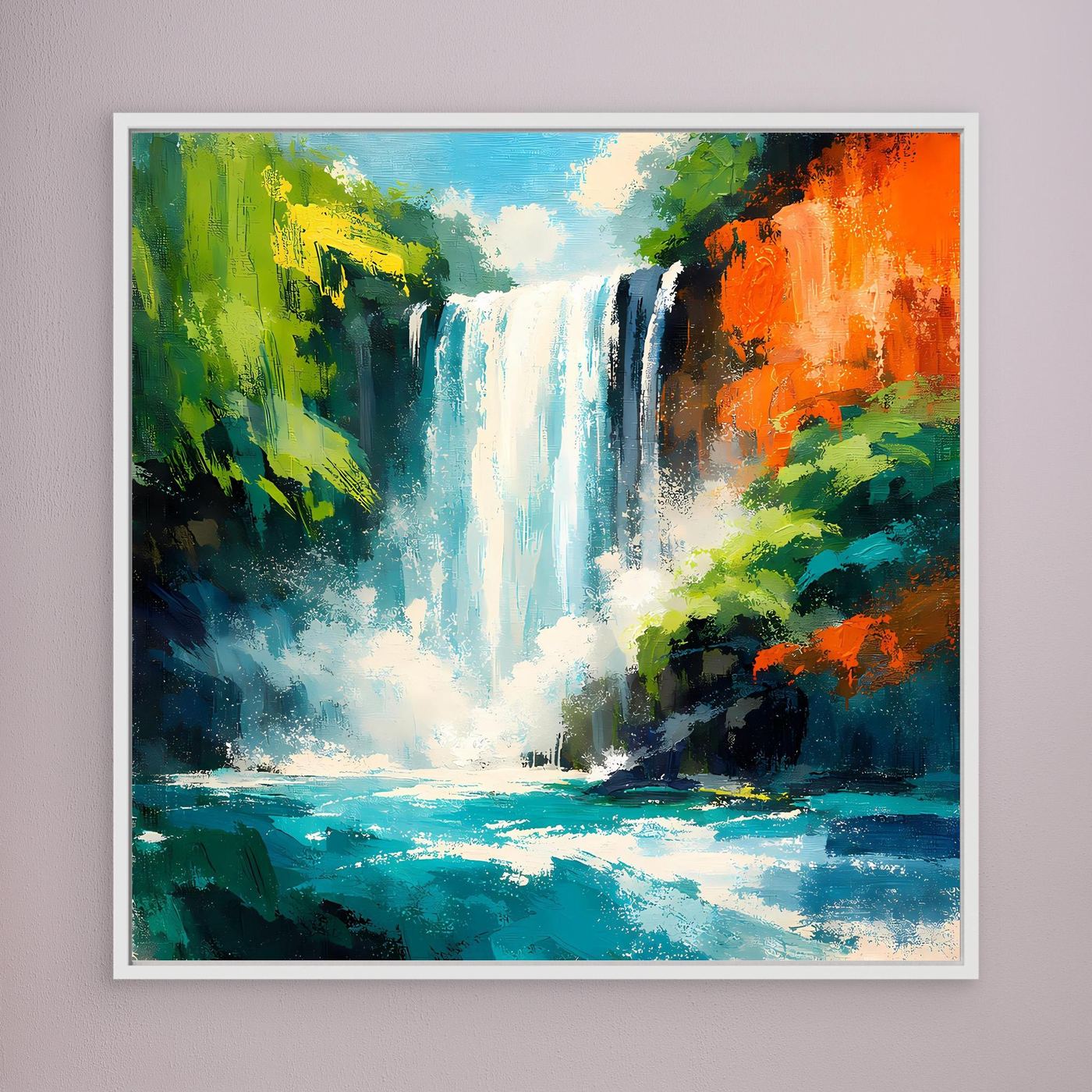 Leinwandbild mit tropischem Wasserfall im Dschungel, weißer Rahmen