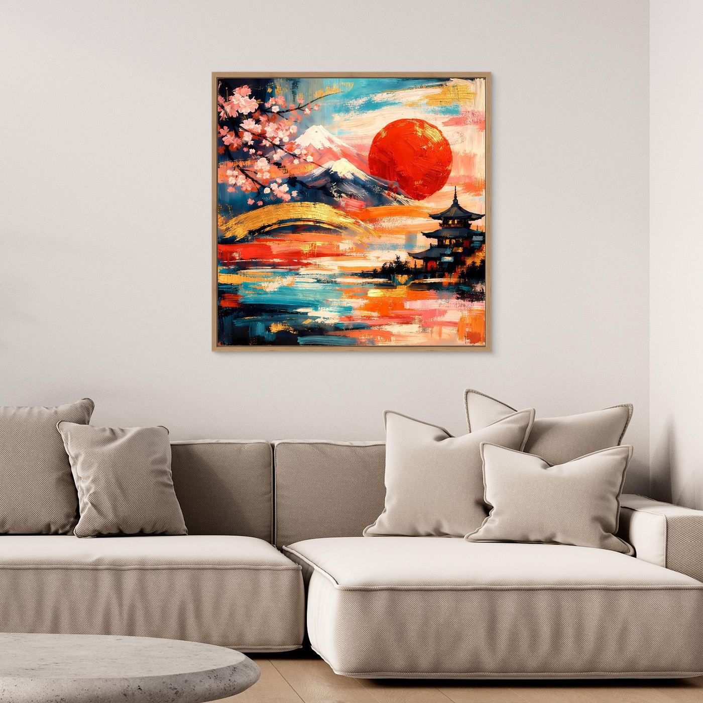 Leinwandbild mit braunem Rahmen: Fuji-Landschaft mit roter Sonne, Kirschblüten und Pagode