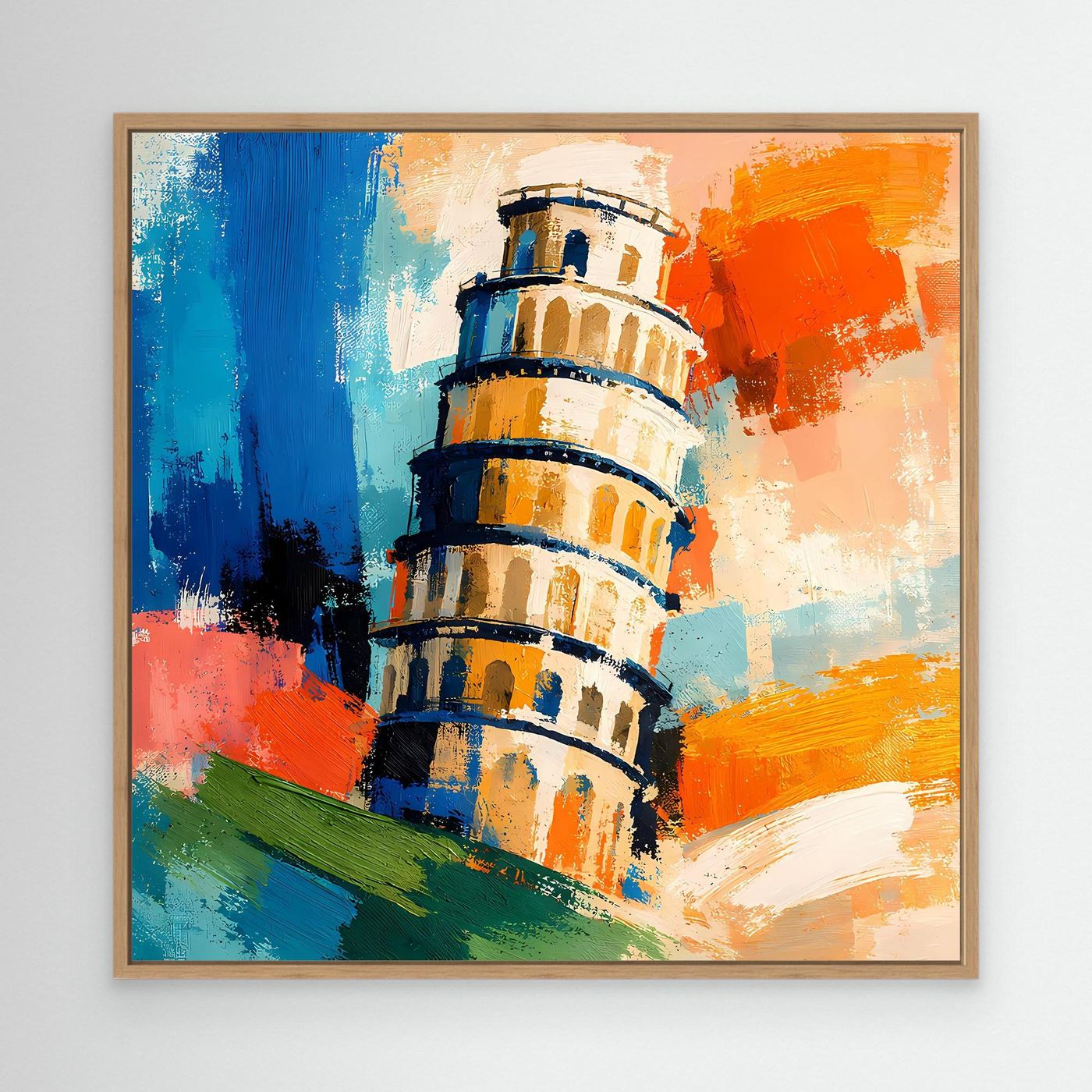 Abstract canvas wall art of Pisa tower with blue, orange, and green paint strokes in oak frame.