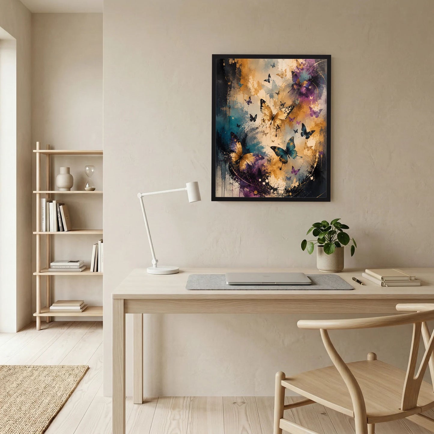 Gerahmtes Hochformat-Poster mit Schmetterlingen in Violett, Blau und Gold über dem Schreibtisch