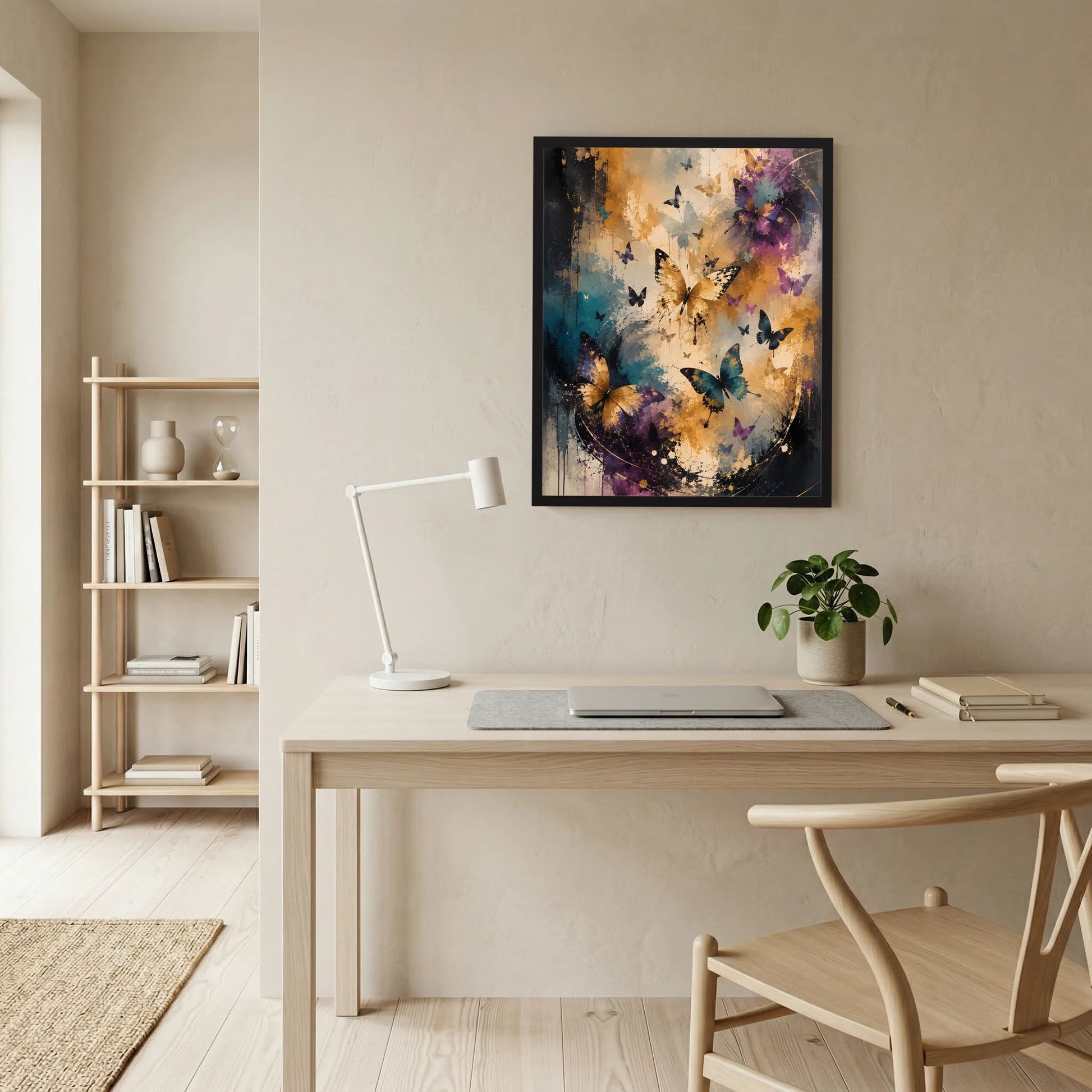 Gerahmtes Hochformat-Poster mit Schmetterlingen in Violett, Blau und Gold über dem Schreibtisch