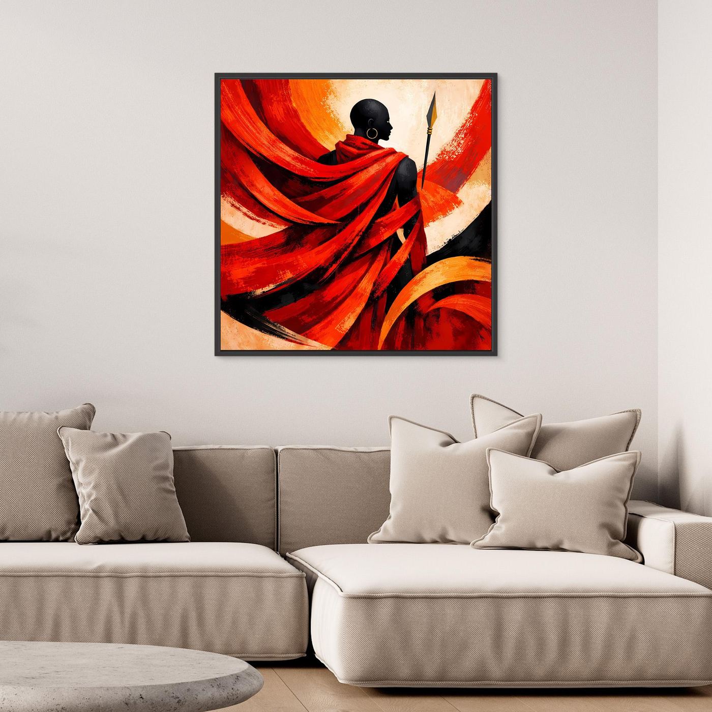 Leinwand-Wandbild mit Speerfigur im Profil, kräftige Rot-Orange-Flächen und schwarze Konturen