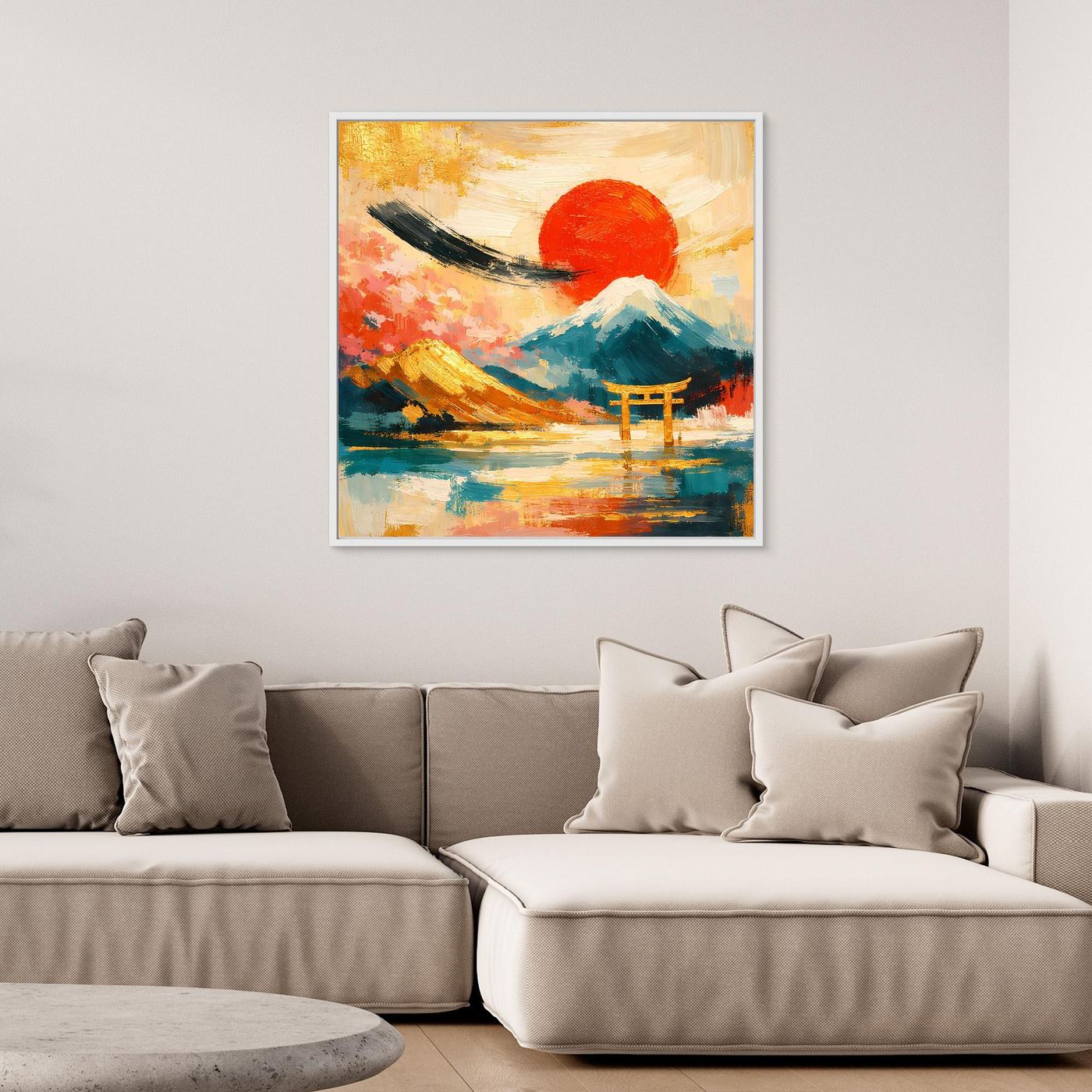 Leinwandbild mit japanischem Torii-Tor, roter Sonne und Gebirge, weißer Rahmen