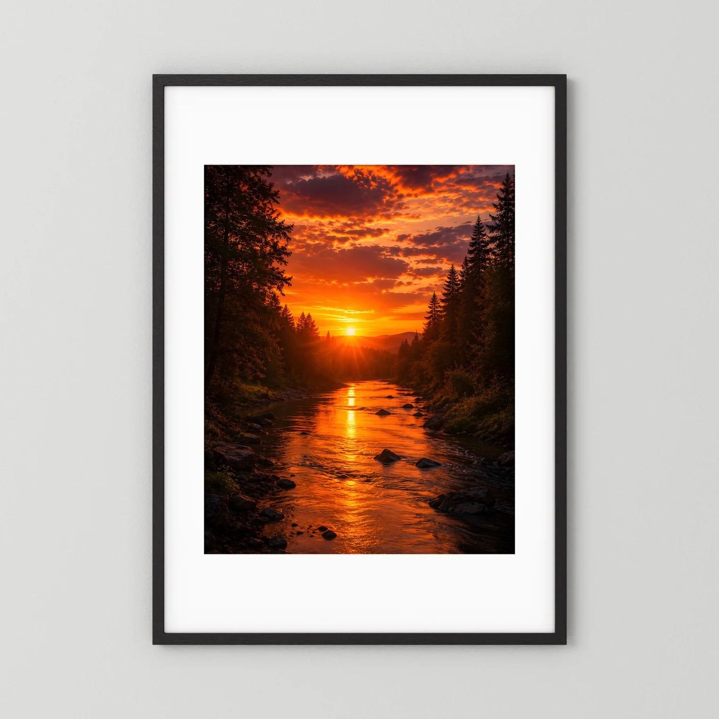 Hochformatiges Poster Sonnenuntergang mit Fluss im Wald, schwarzer Rahmen mit weißem Rand