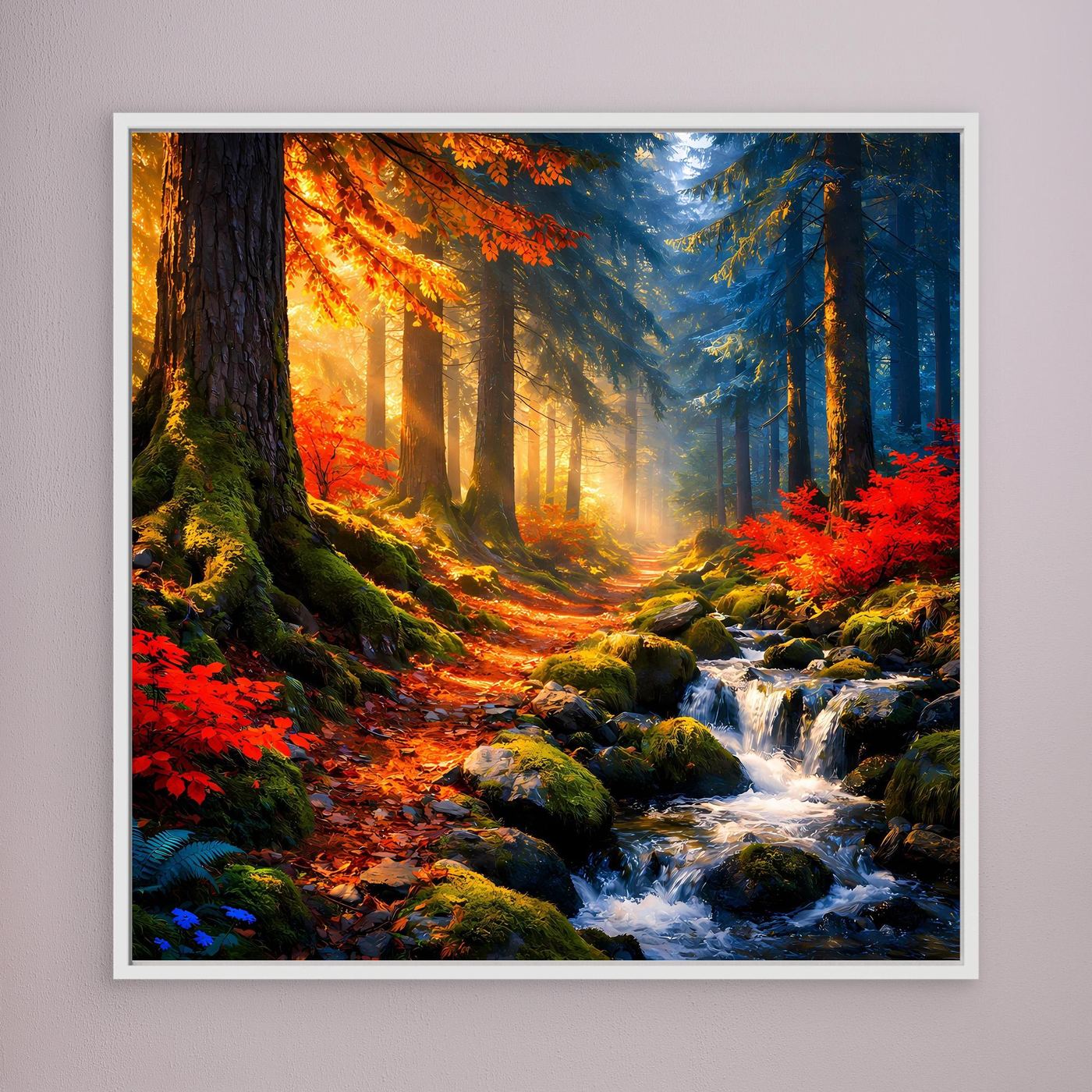 Wandbild mit Herbstwald und Bach, warmes Licht, weißer Rahmen