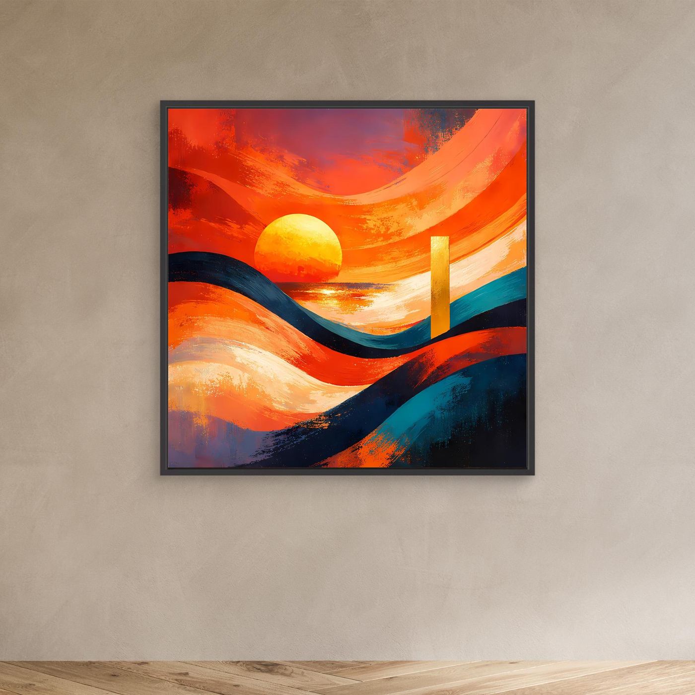 Leinwandbild mit dunklem Rahmen: abstrakte Sonnenuntergangsküste in Orange und Blau
