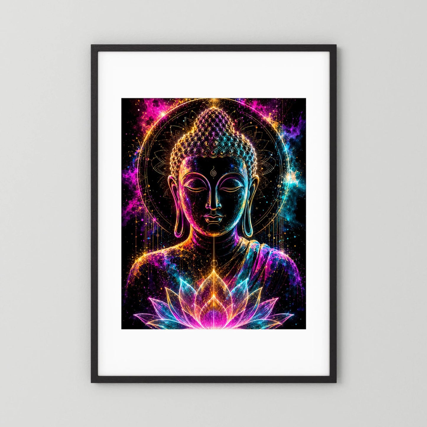 Kunstposter mit Buddha im Neon-Stil, Lotusblüte mit Glühlicht, schwarzer Rahmen