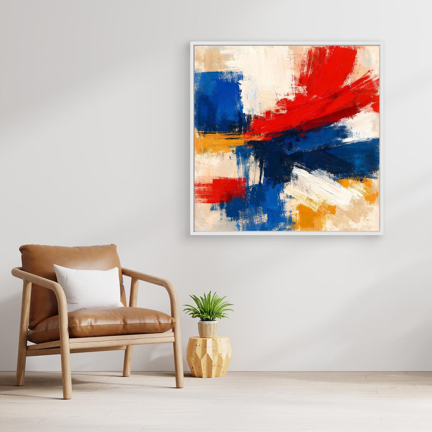 Abstract wall art canvas with blue, red, white, and yellow brush strokes; white frame