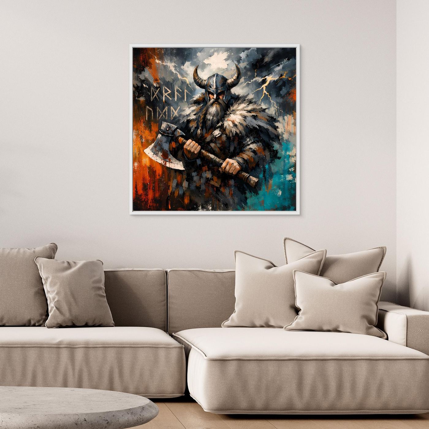 Abstraktes Wandbild mit Wikingerkrieger und Streitaxt, ohne Rahmen