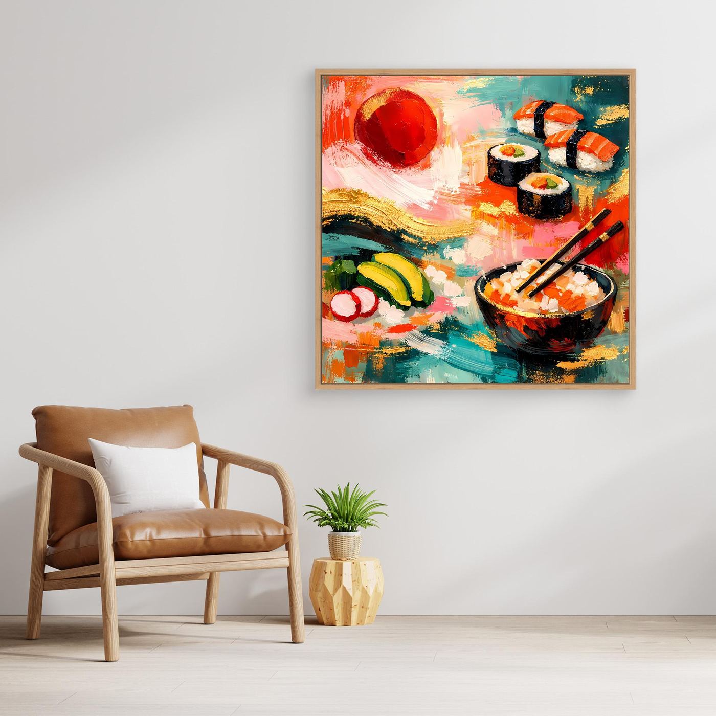Leinwandbild mit Sushi-Motiv, Rollen und Schale mit Stäbchen, mit hellem Holzrahmen