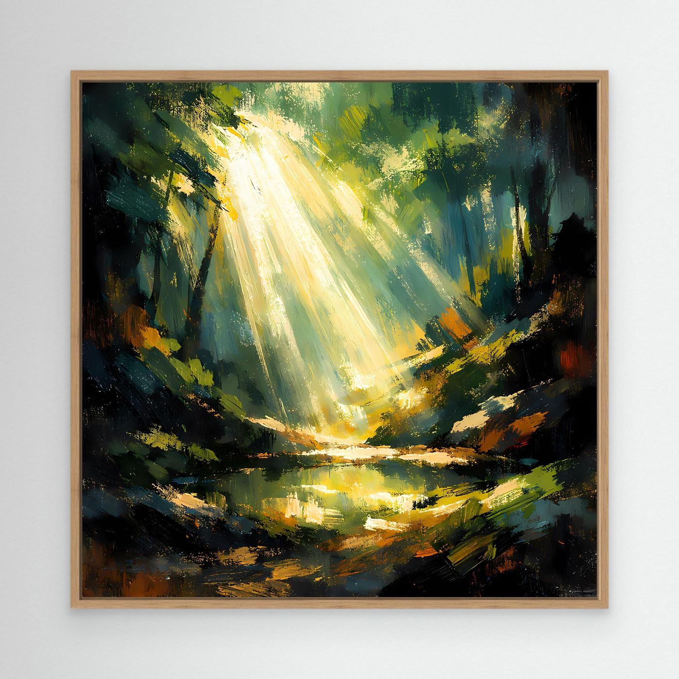 Leinwandbild: goldene Lichtstrahlen im Wald über Teich, mit hellem Holzrahmen