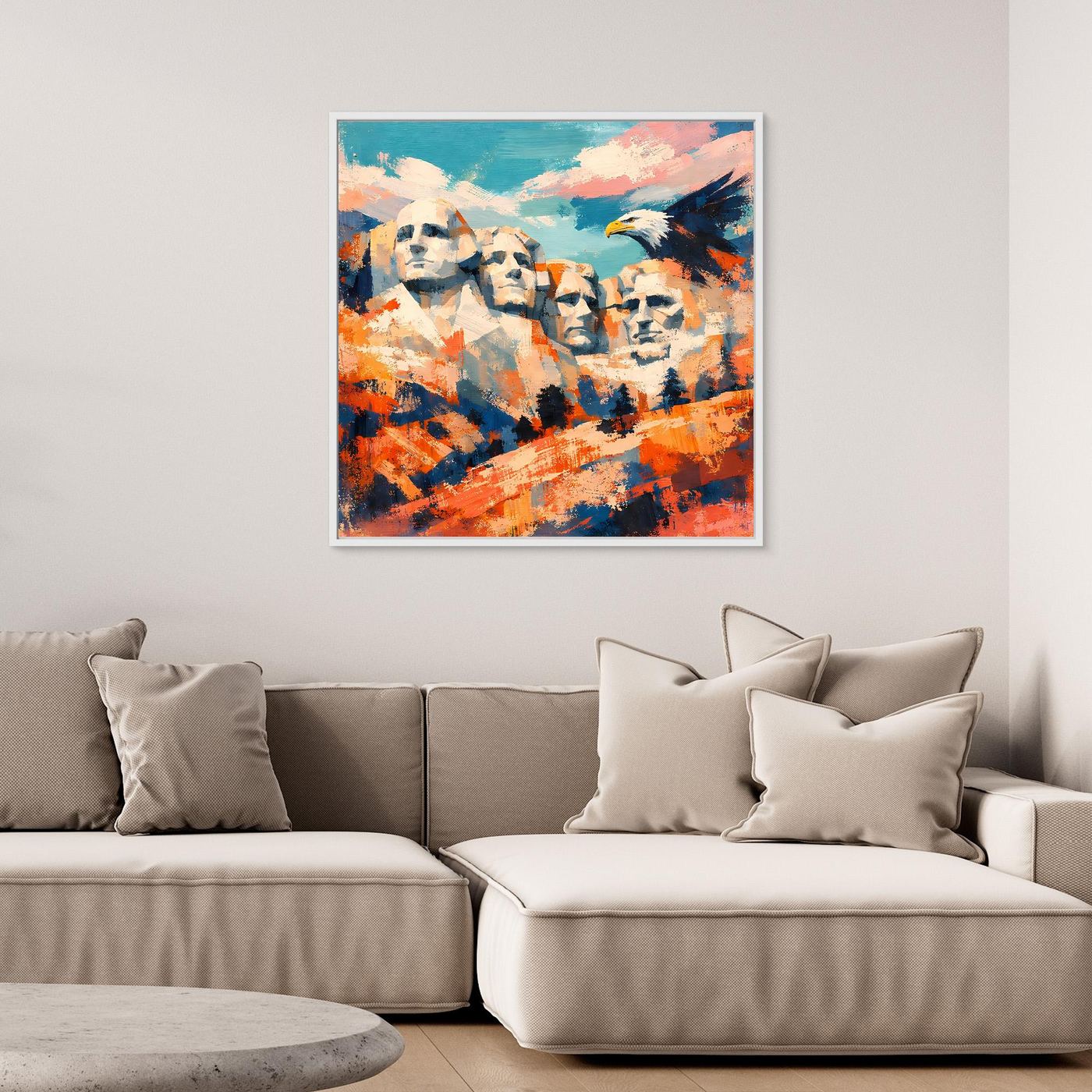 Quadratisches Leinwand-Wandbild mit Adler und Gesichtern in Blau, Orange und Weiß, gerahmt