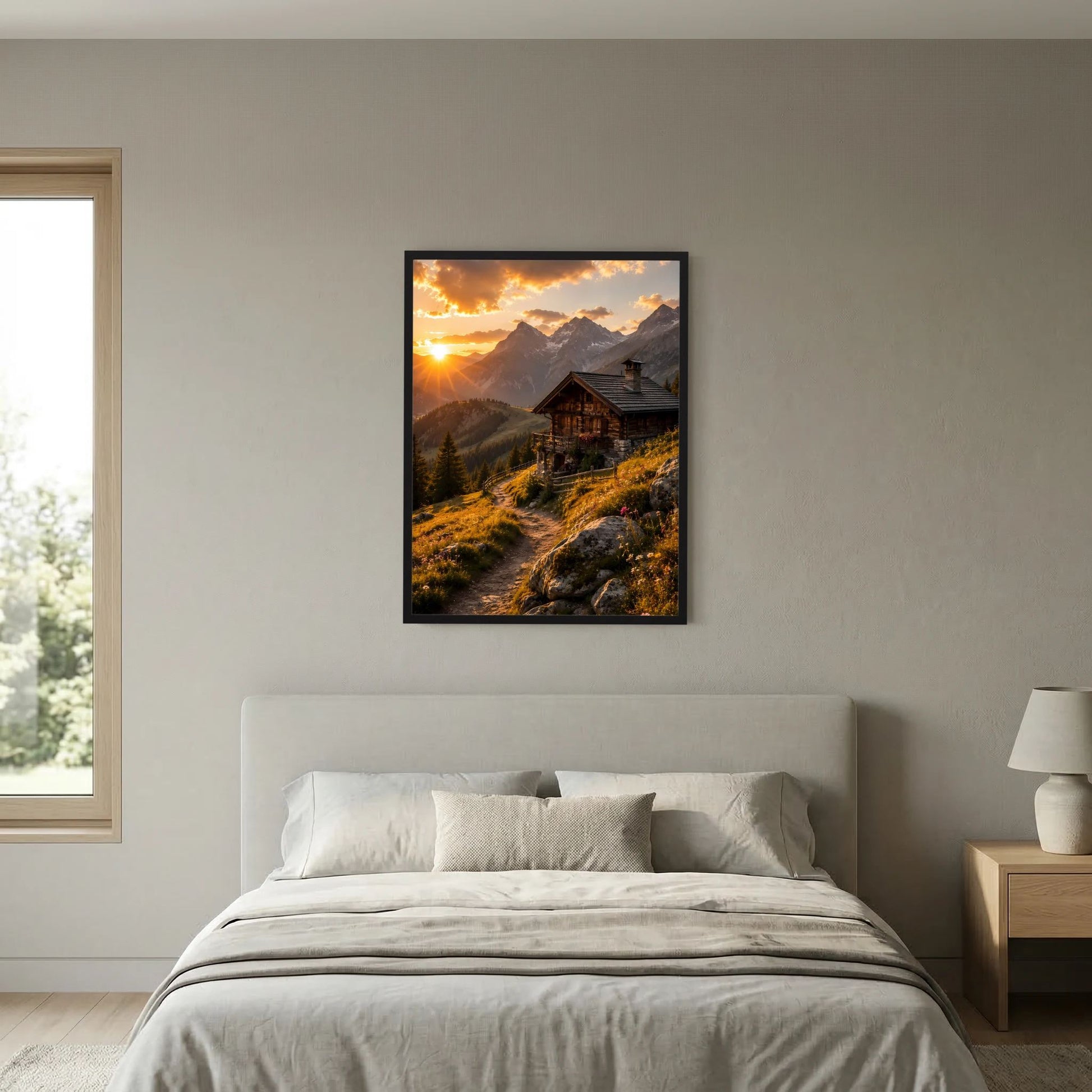 Schwarzer Rahmen, Poster im Hochformat mit Berghütte und Sonnenuntergang auf Pfad