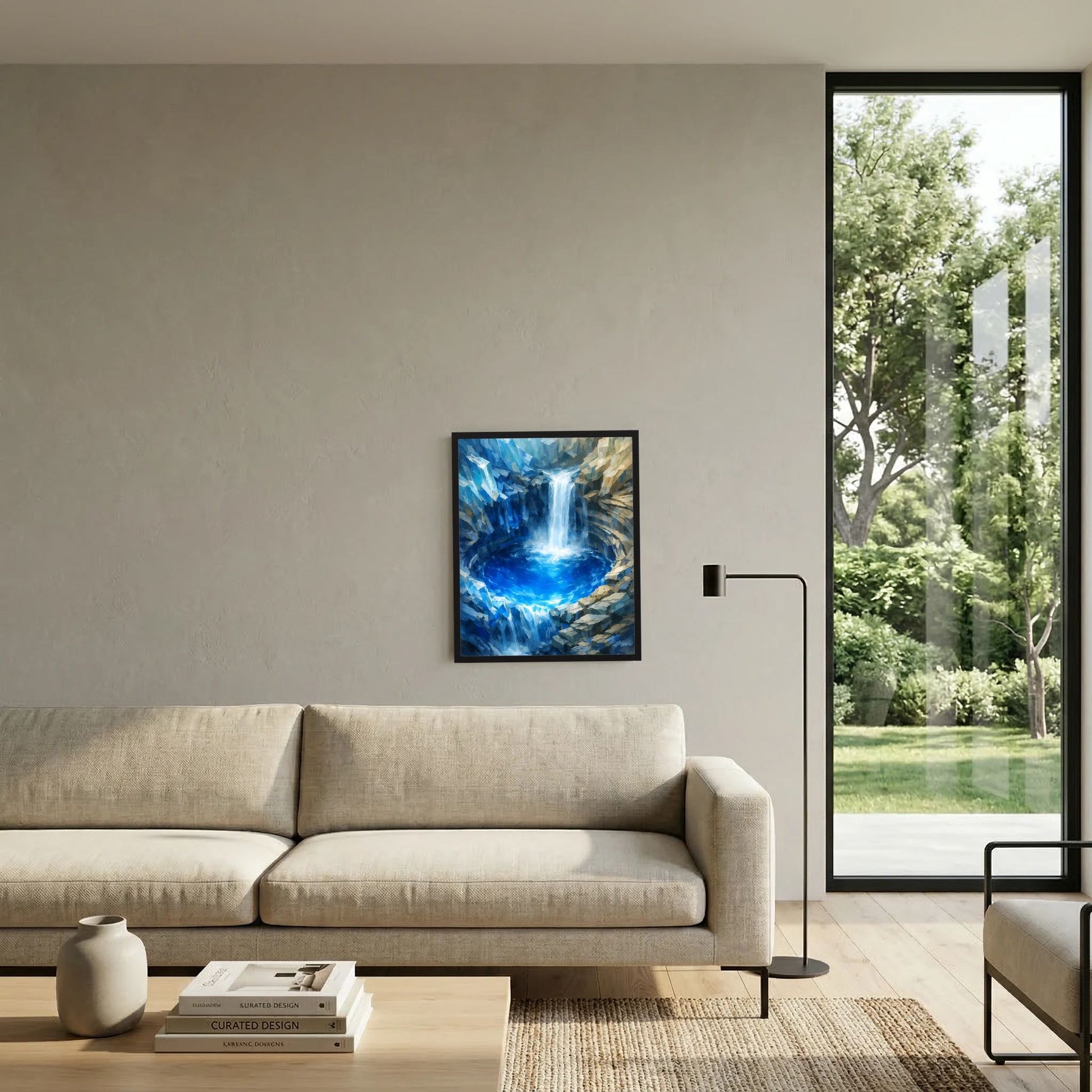 Gerahmtes Poster mit blauem Wasserfall und türkis leuchtendem Becken