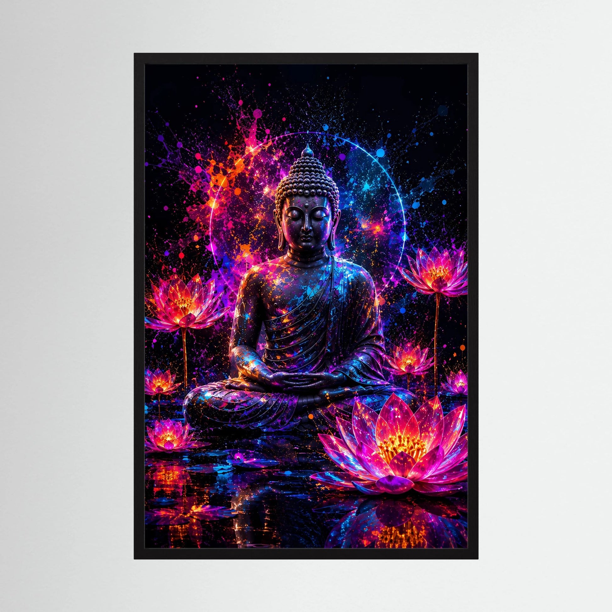 Neon-Buddha-Poster mit Lotusblüten im Farbkontrast Pink und Blau, schwarzer Rahmen