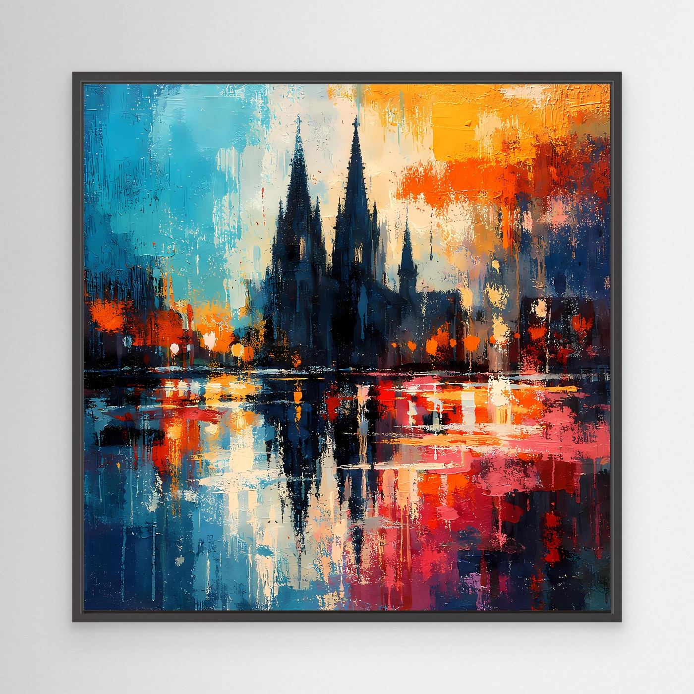 Abstraktes Leinwandbild mit Kathedraltürmen, Spiegelung im Fluss, schwarzer Rahmen