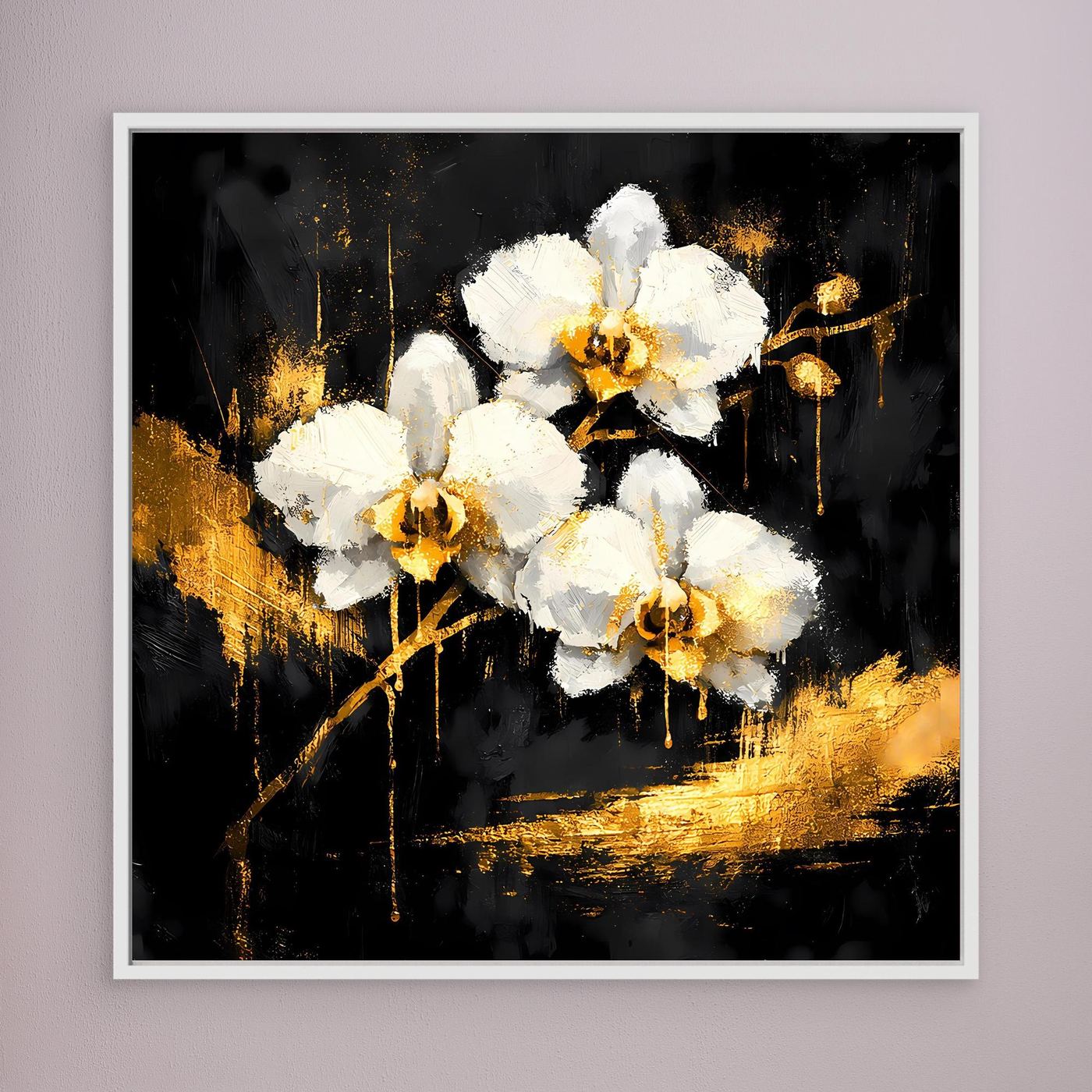 Leinwand Elegante Orchideen in Gold und Schwarz | Modernes Florales Luxus Wandbild
