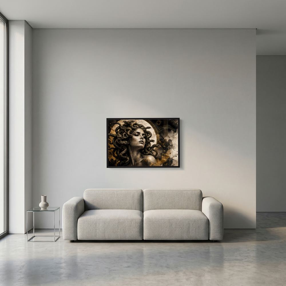 Wandbild mit Medusa-Motiv: Gesicht mit Schlangenhaar, Gold-Optik auf dunklem Grund, klein