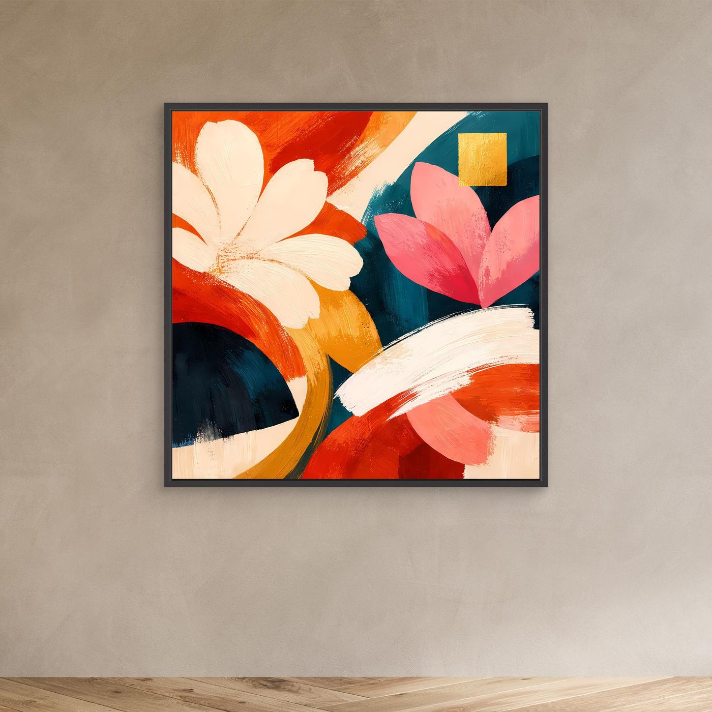 Abstraktes Leinwand-Wandbild mit weißen und rosafarbenen Blüten, im schwarzen Rahmen.