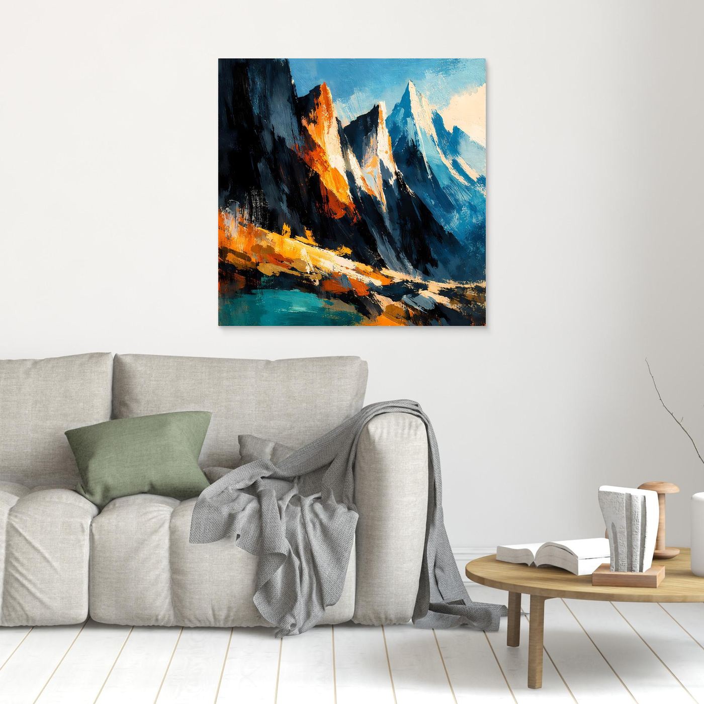 Abstraktes Wandbild mit Bergspitzen in Blau, Schwarz und Orange, ohne Rahmen