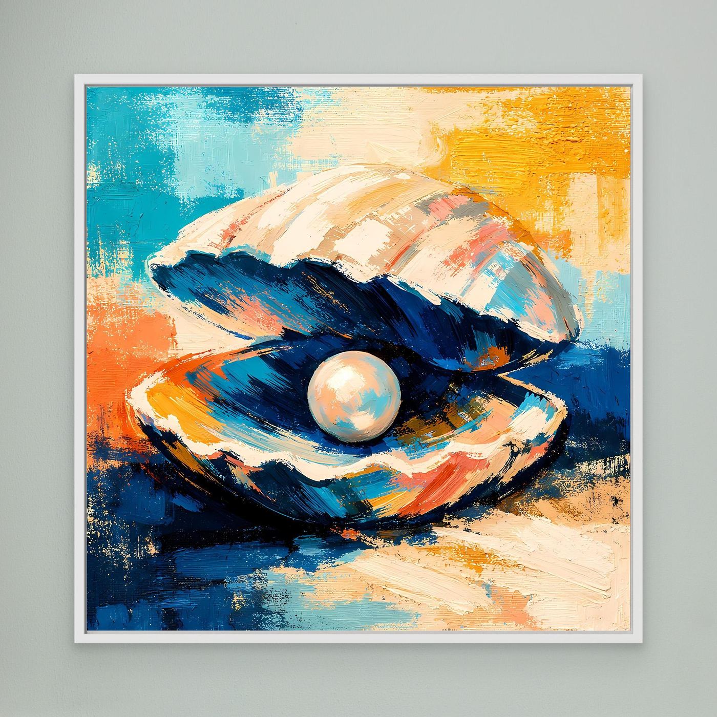 White-framed abstract canvas wall art of a seashell with pearl, blue and orange brushwork.