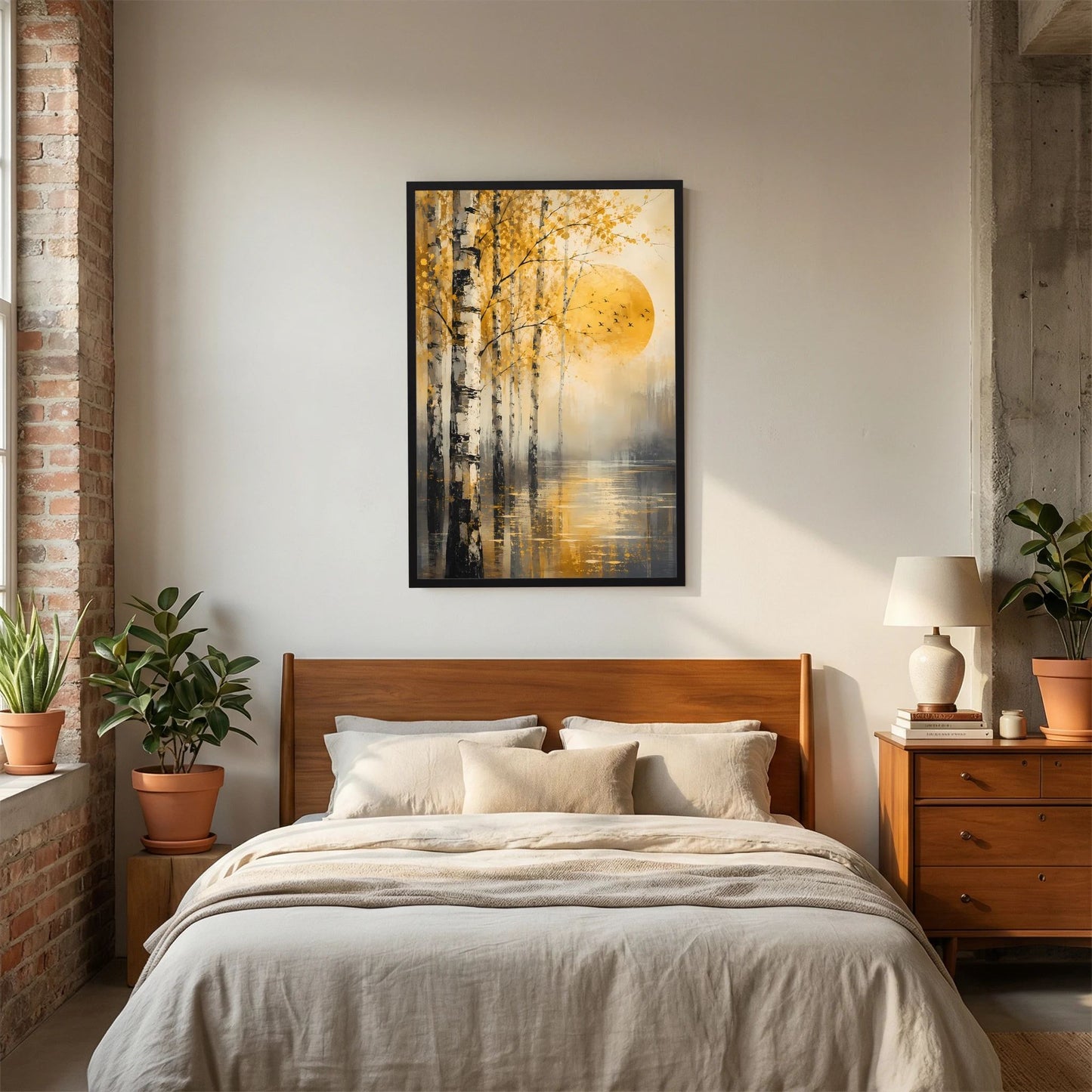Hochformat-Poster mit schwarzem Rahmen: Birken, goldene Sonne, Vögel über Wasser