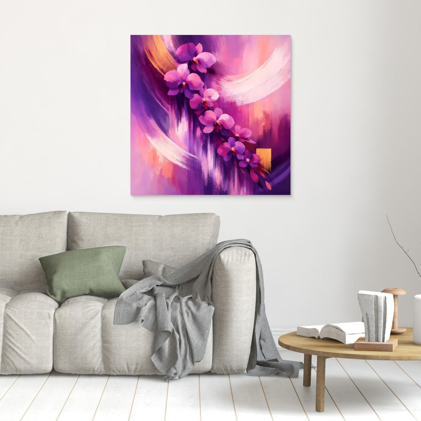 Kleines Leinwandbild mit abstrakten Orchideen in lila und pink