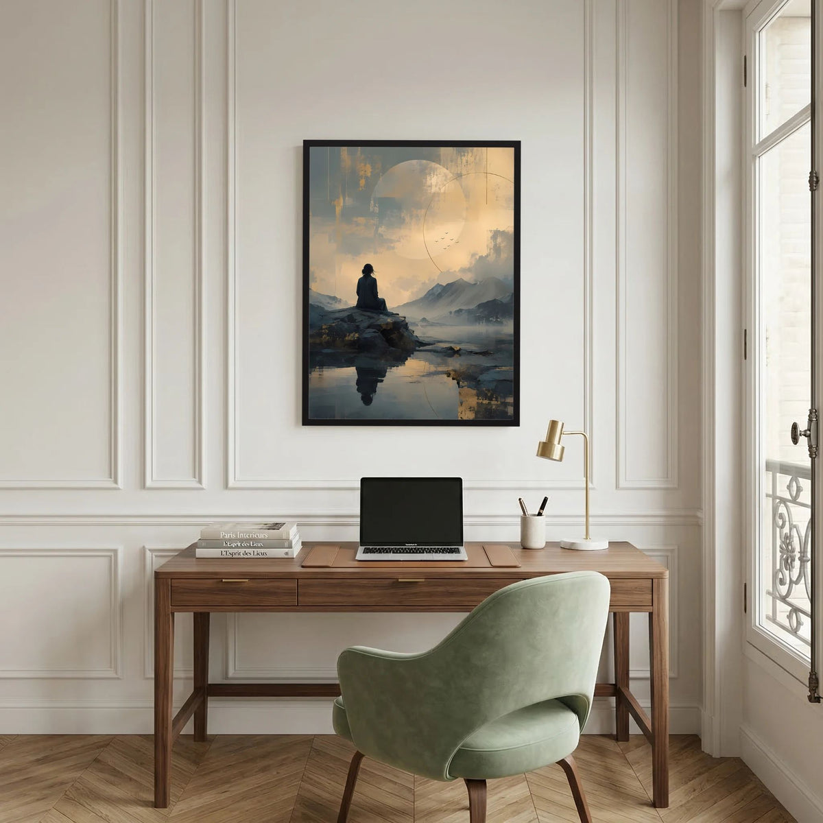 Hochformat-Poster mit Person im Lotussitz auf Felsinsel, Mondlicht und See