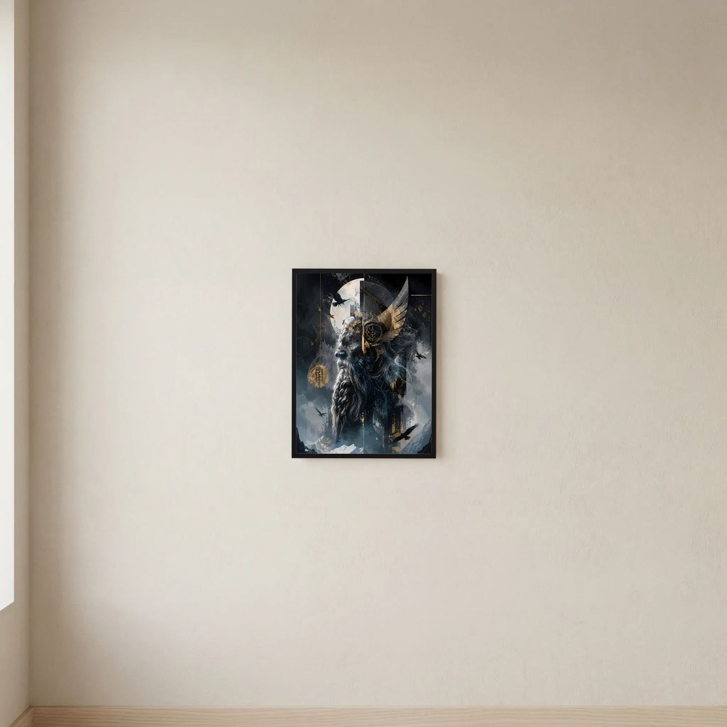 Gerahmtes Hochformat-Poster: nordischer Wikingerkrieger mit Raben und Schmuck