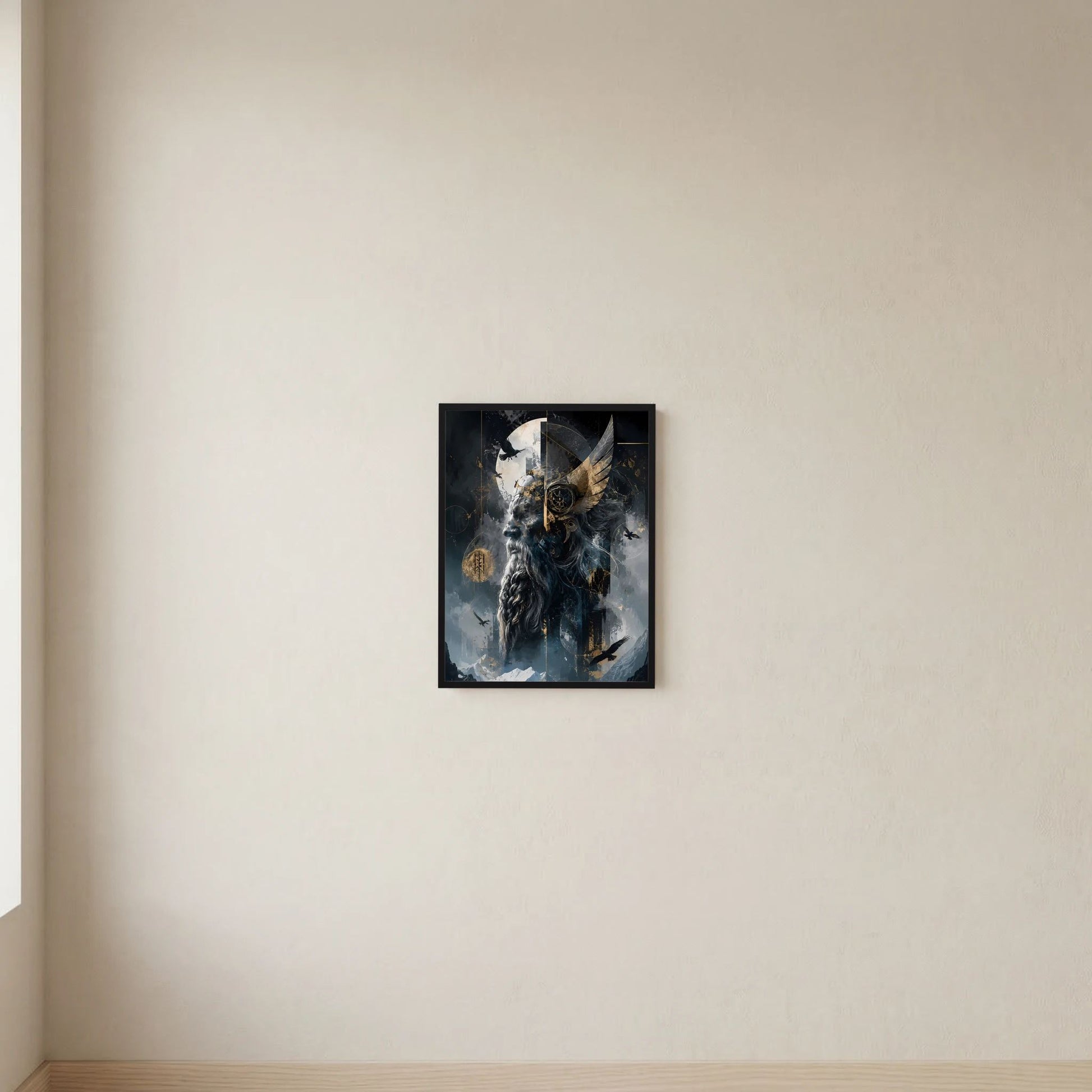 Gerahmtes Hochformat-Poster: nordischer Wikingerkrieger mit Raben und Schmuck