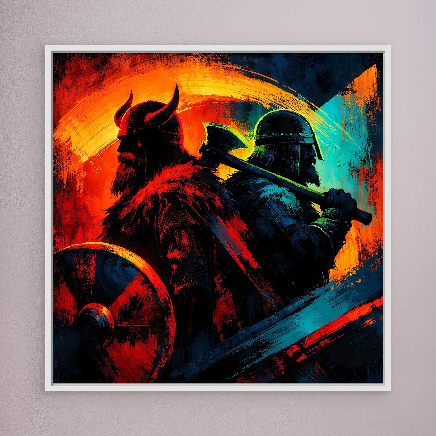 Gerahmtes Leinwandbild: Wikingerkrieger mit Helm und Axt, weißer Rahmen, Rot-Blau-Grafik