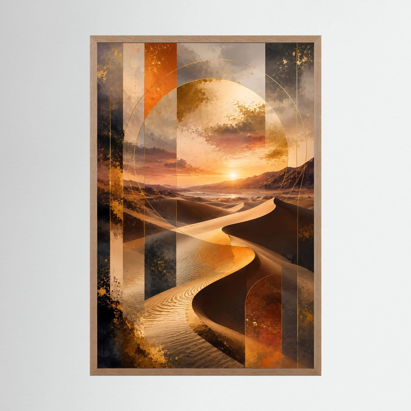 Poster mit Holzrahmen (hell) und abstrakter Wüstenlandschaft, goldene Dünen, Sonnenuntergang