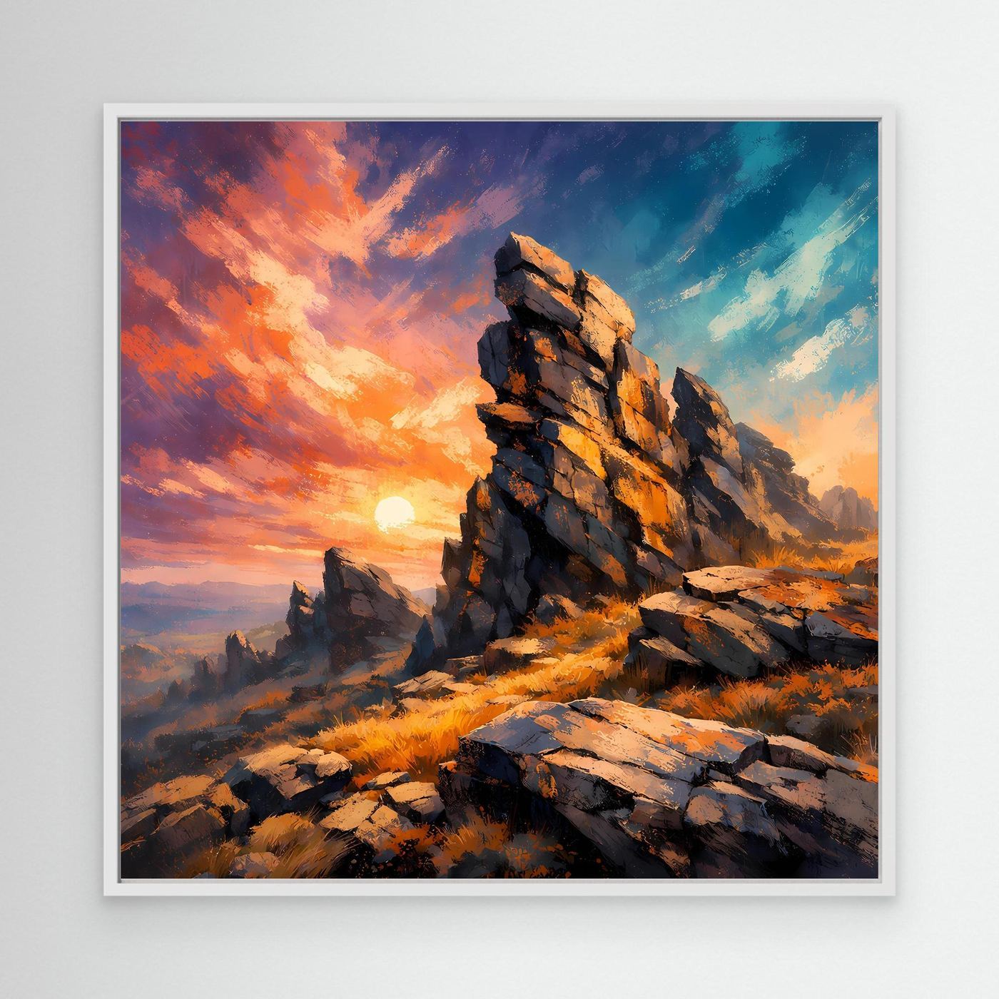 Premium Leinwand Monumentale Felsformation im Sonnenuntergang | Abstraktes Gebirge Wandbild
