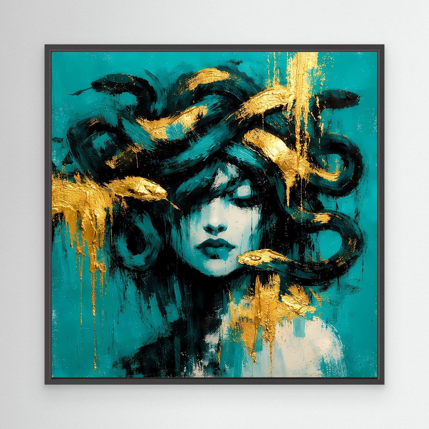 Leinwand Mythische Medusa in Türkis und Gold | Abstraktes Gorgonen Wandbild