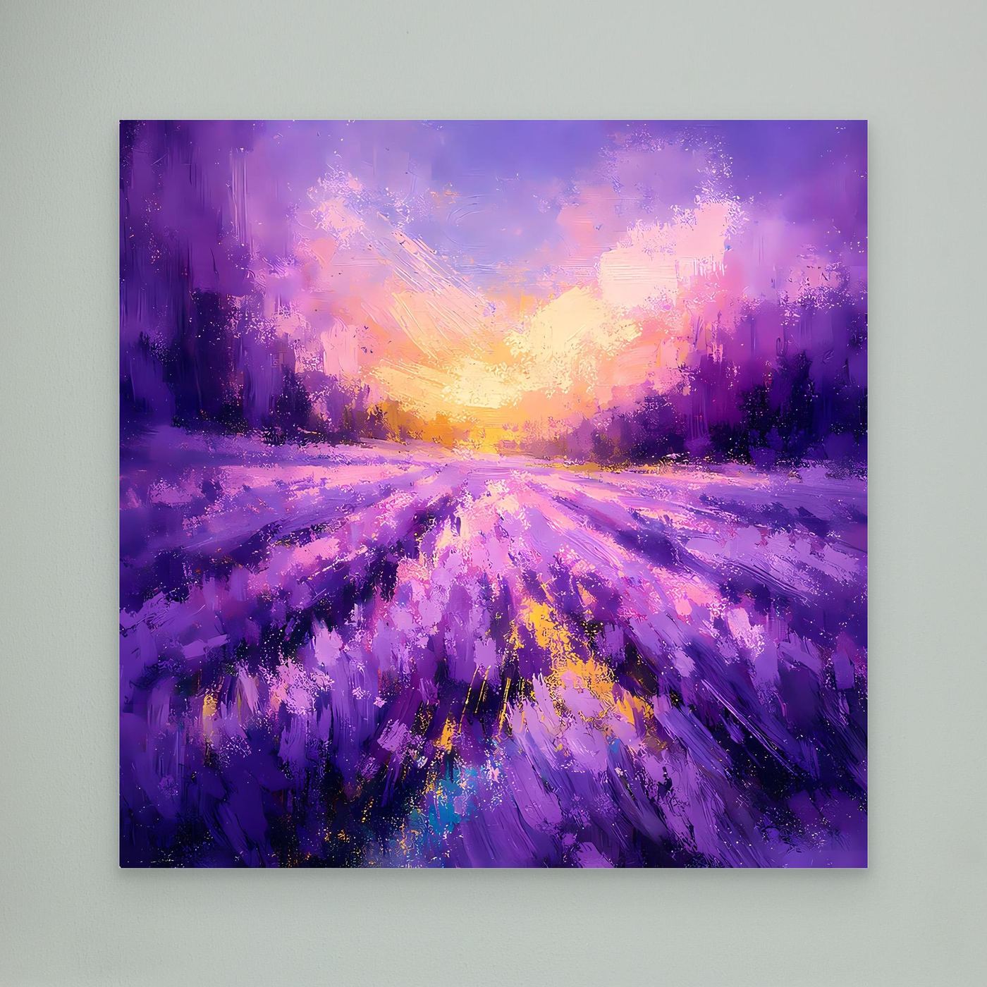 Leinwand-Wandbild mit violettem Lavendelfeld und goldenem Sonnenuntergang, ohne Rahmen