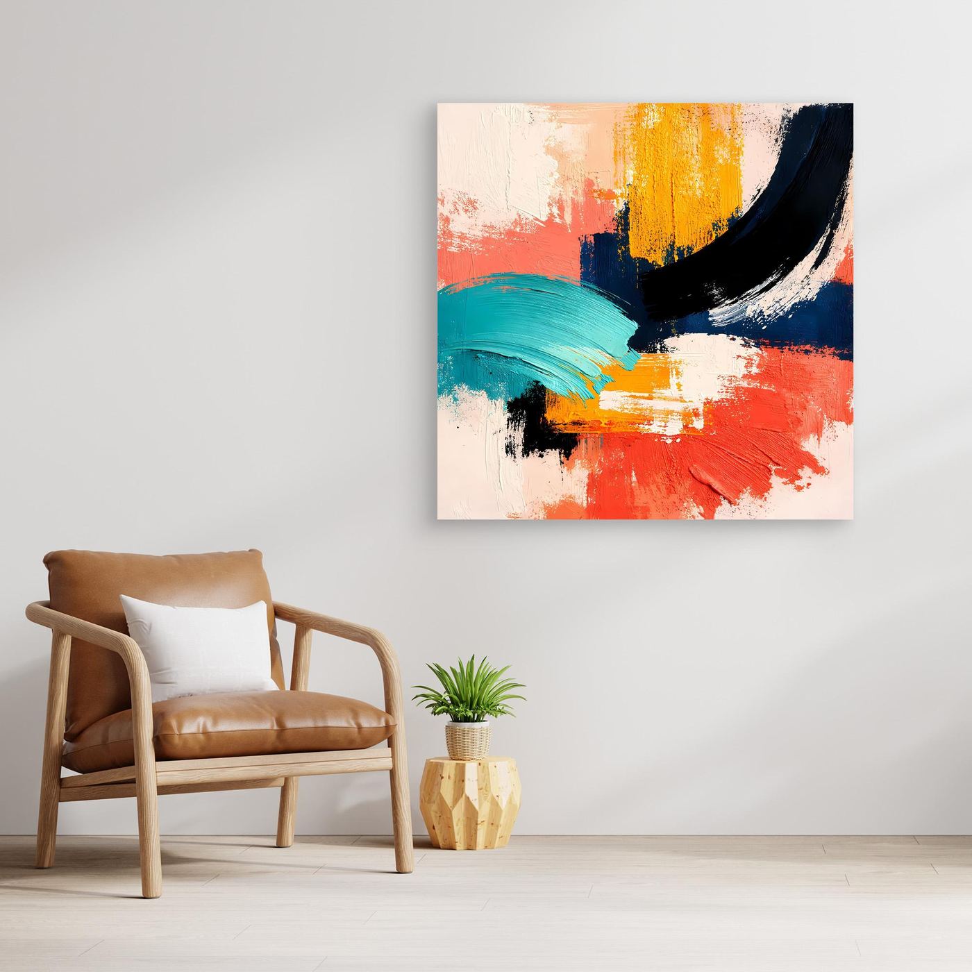 Abstract wall art canvas with white, teal, orange, yellow, and dark navy paint strokes