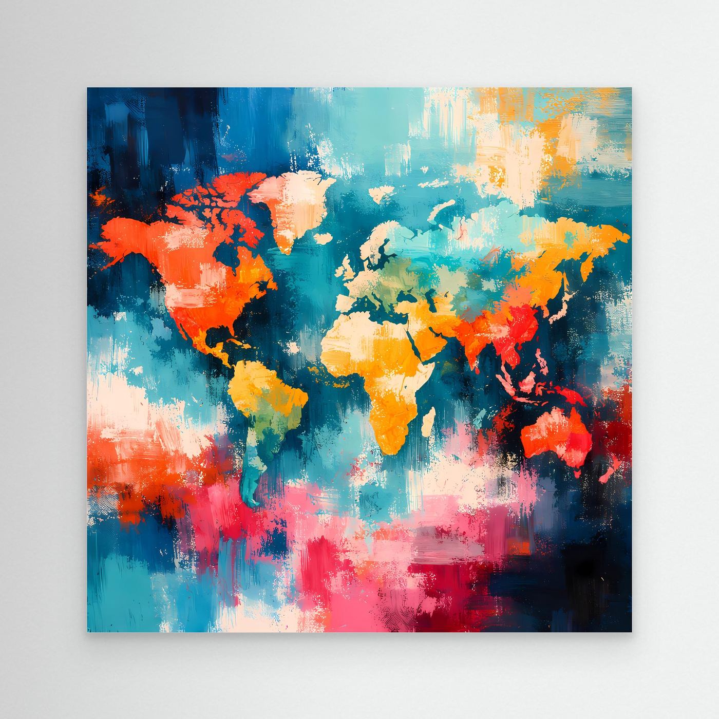 Abstract world map canvas with colorful brushstroke continents and no frame