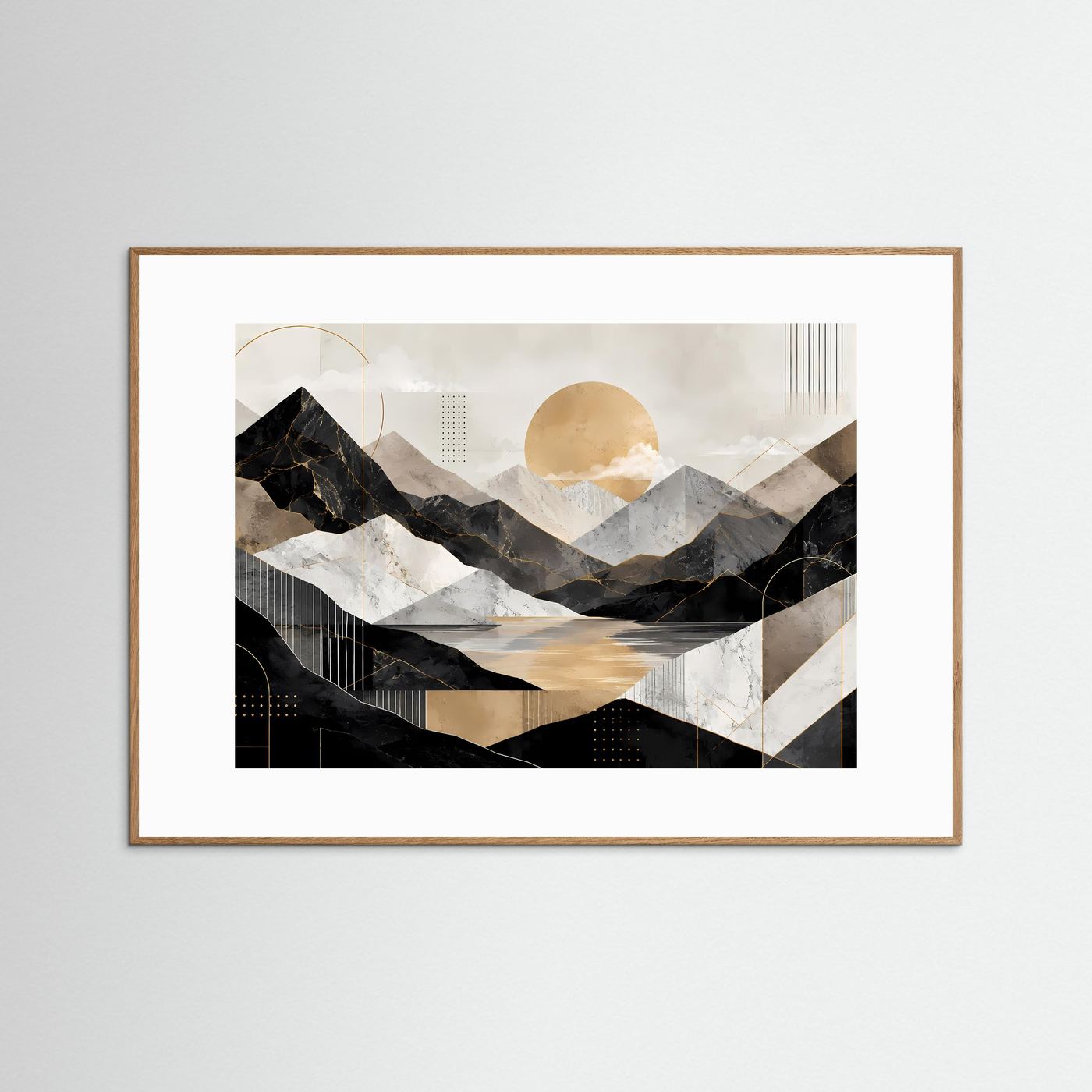 Gerahmtes Poster: abstrakte Berge, See und goldene Sonne, hellerer Holzrahmen