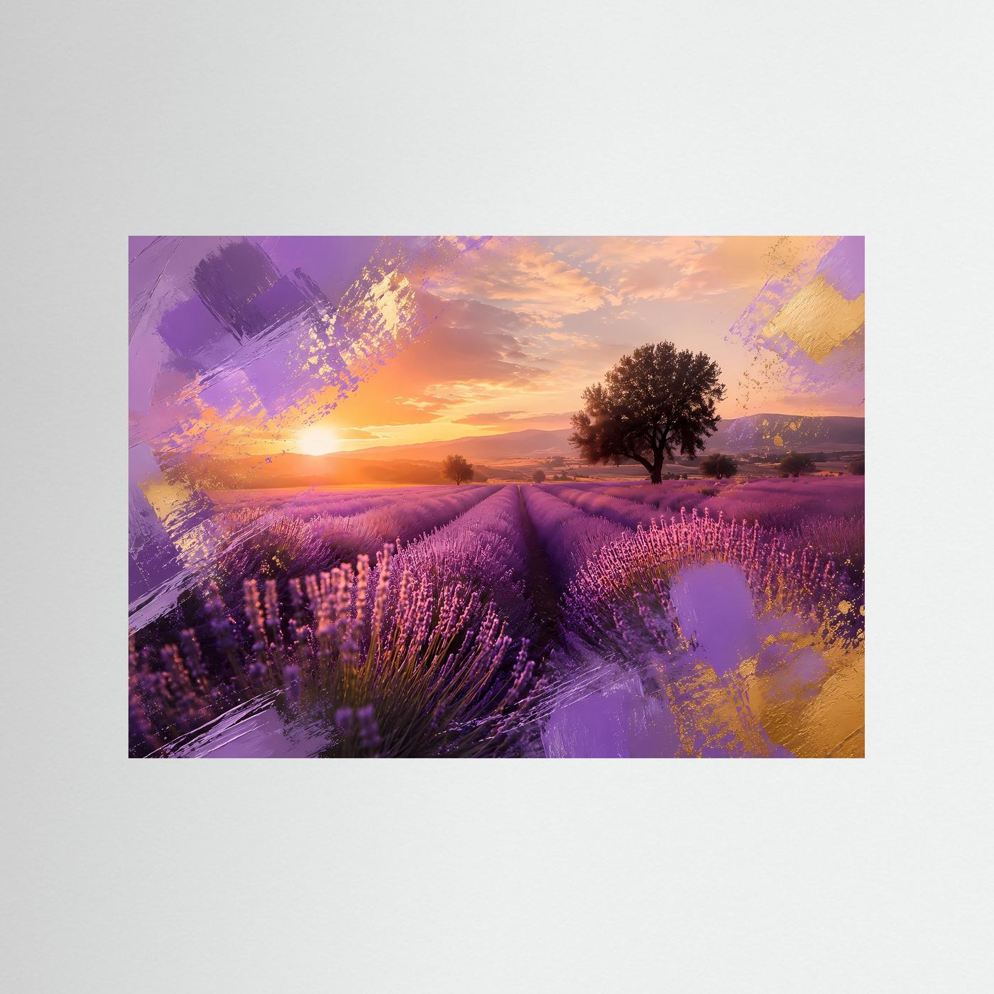Lavendelfeld Poster Querformat | Provence Sonnenuntergang Wandbild in Violett & Gold | Moderne Landschaftskunst