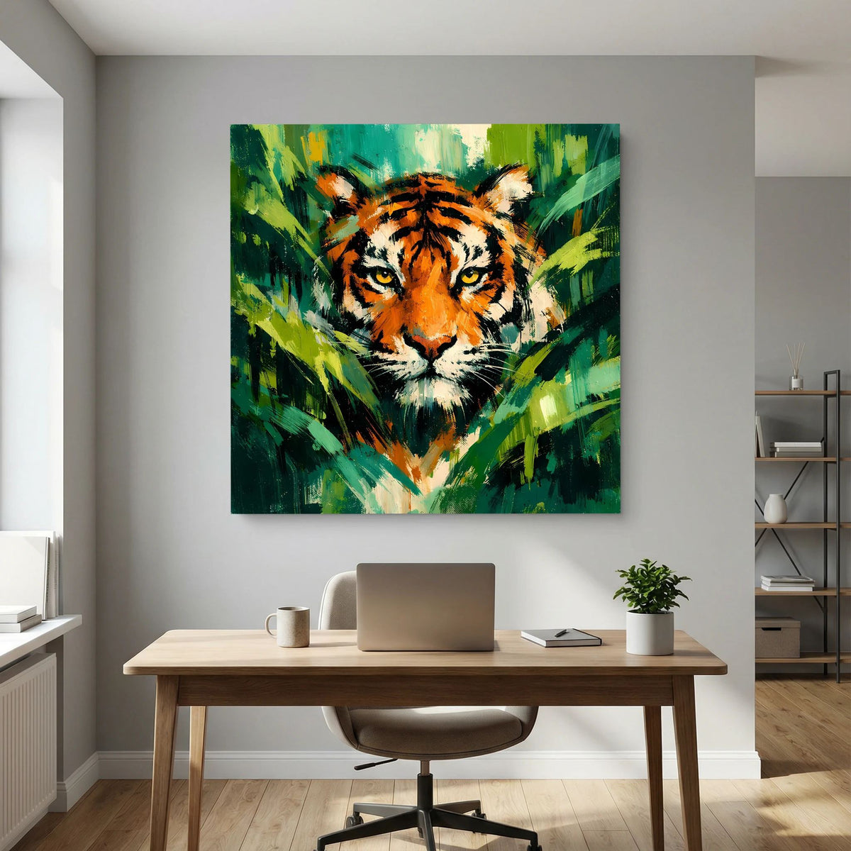 Leinwand Abstraktes Tiger Gemälde | Modernes Wandbild Raubkatze Dschungel Grün Orange