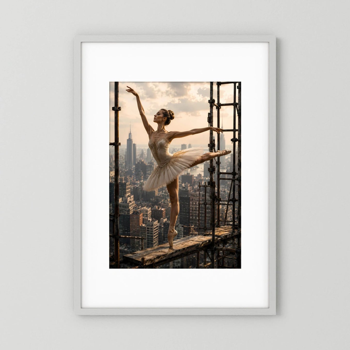 Hochformat-Poster: Ballerina im weißen Tutu auf einem Gebäude