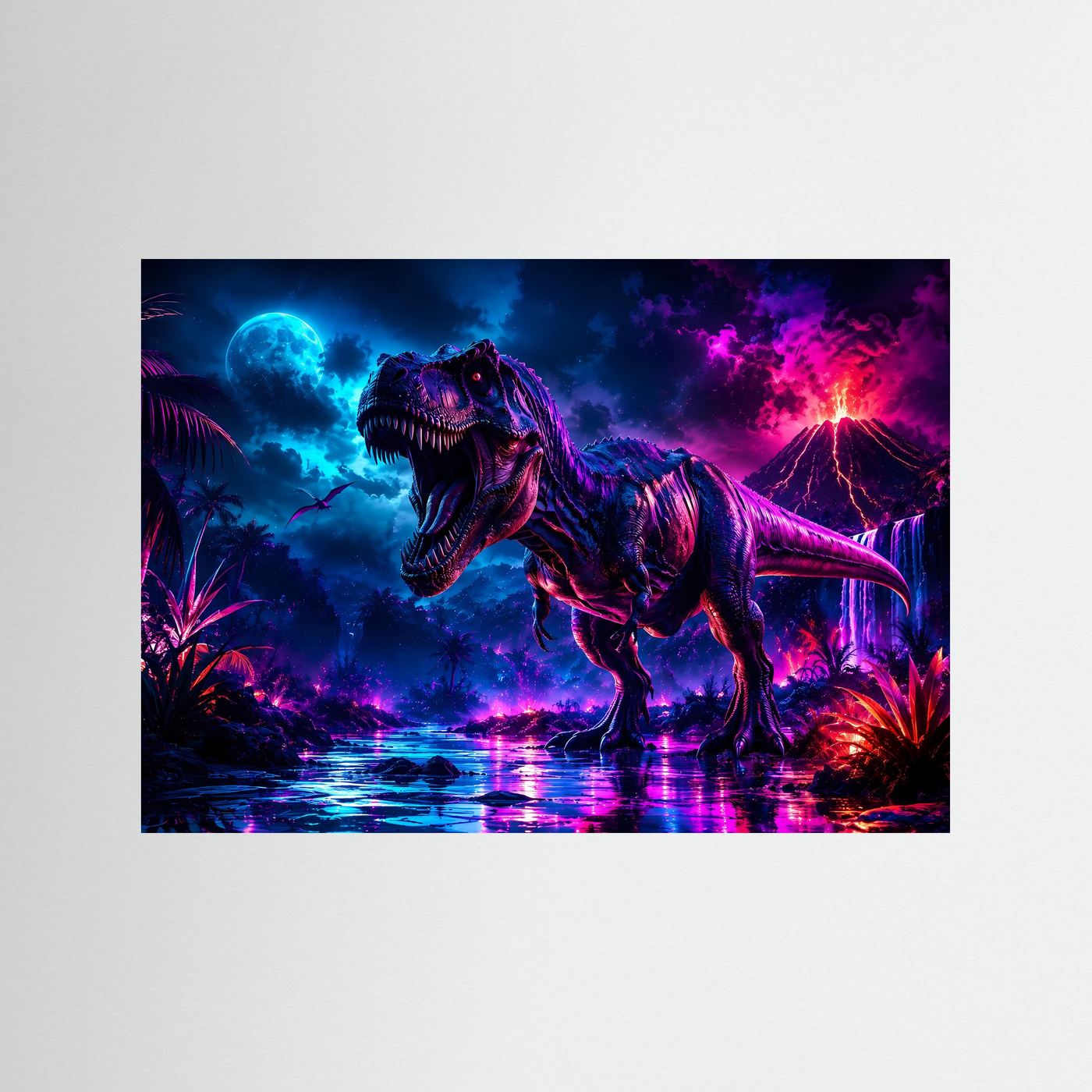T-Rex Neon Nacht | Dinosaurier mit Vulkan & Mond