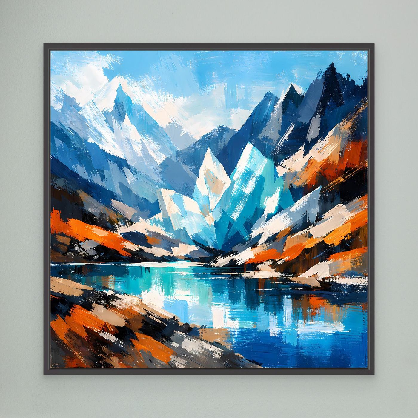 Abstraktes Leinwand-Wandbild mit Bergspitzen und See, türkis/blau, schwarzgrau gerahmt