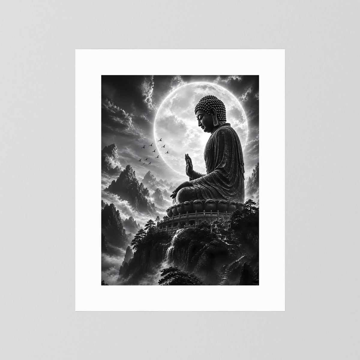 Hochformat-Poster: Buddha im Mondlicht vor Bergen, ohne Rahmen, mit weißem Rand