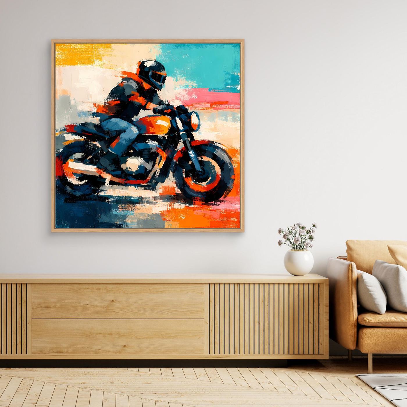 Framed abstract motorcycle wall art featuring dark rider and orange wheel details