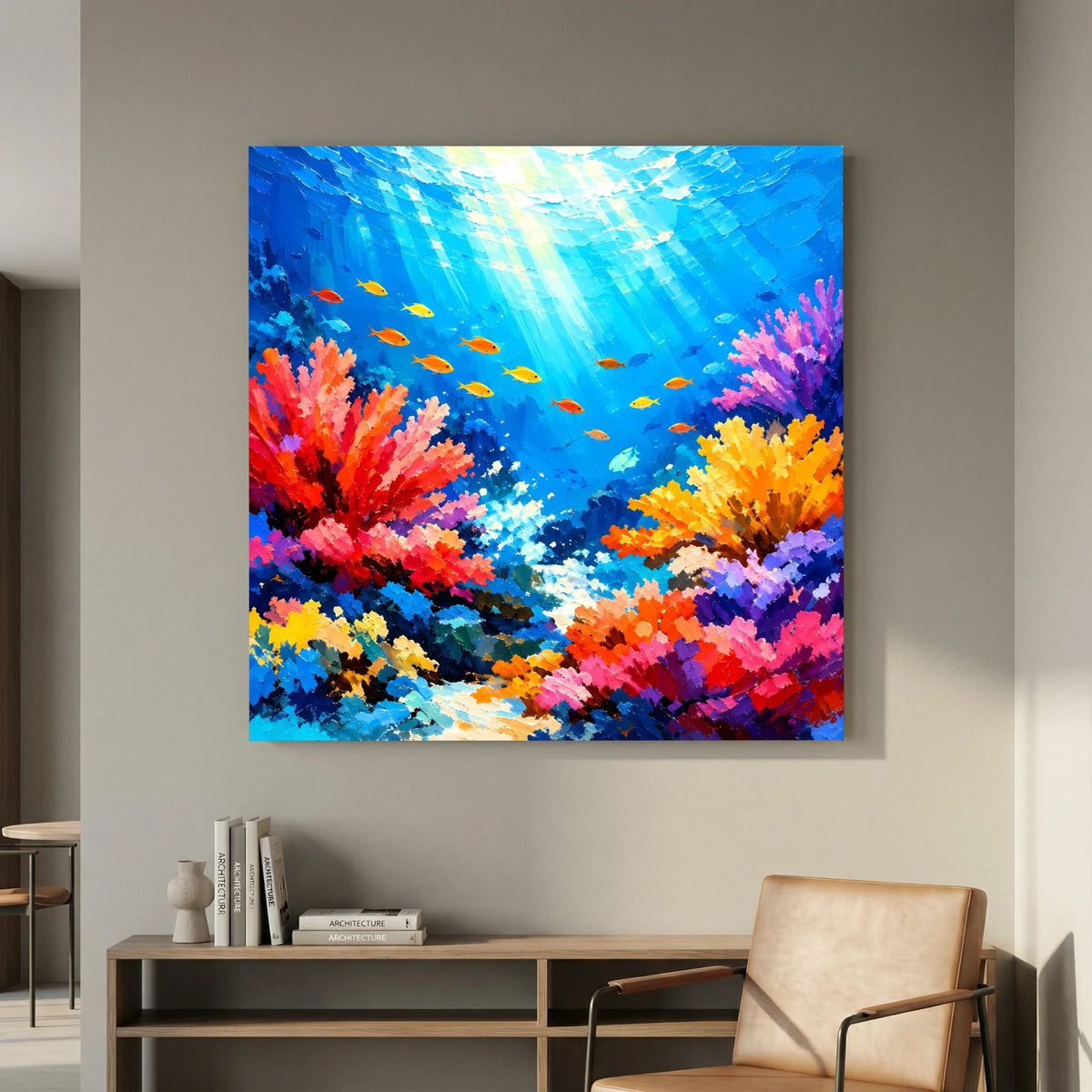 Quadratisches Leinwandbild mit abstrakter Unterwasser-Szene, bunten Fischen und Korallenbögen