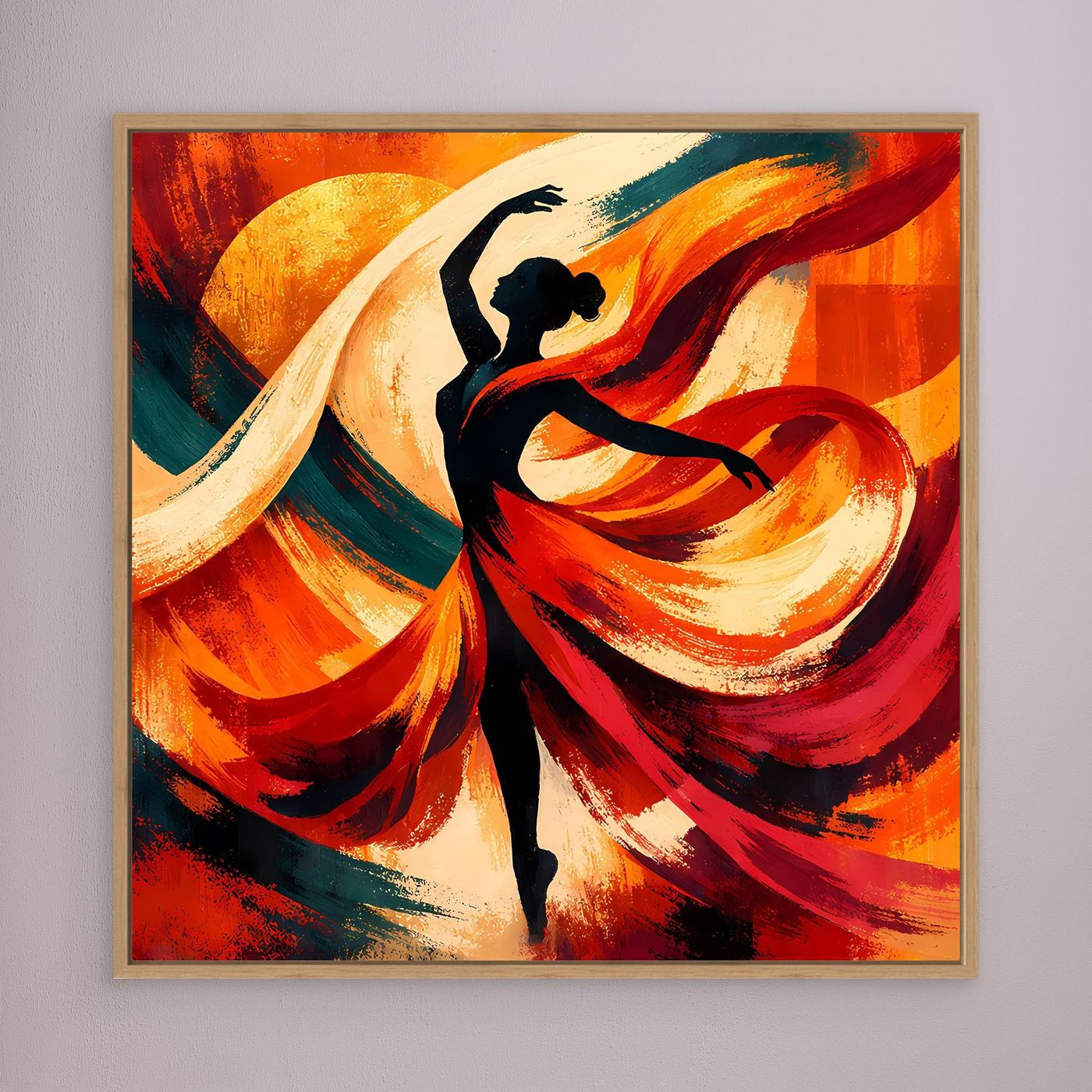 Leinwandbild mit abstrakter Tänzerin, schwarze Silhouette, kräftige Rot-, Orange- und Gelbtöne, dynamische Pinselstriche.